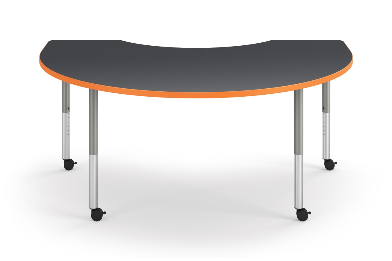 Front View of Charcoal Arc Build Table with Orange Edge Band
