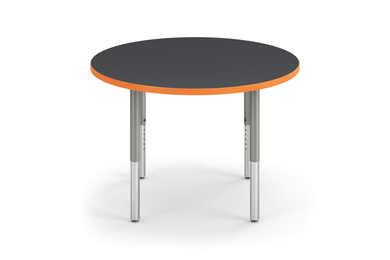 Front View of Charcoal Round Build Table with Orange Edge Band
