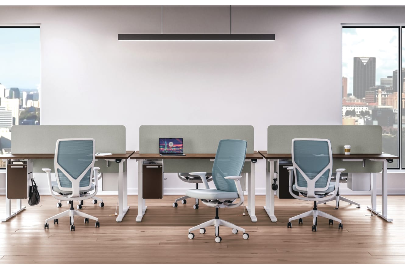 Row of 2 height adjustable workstations with Flexion task seating.