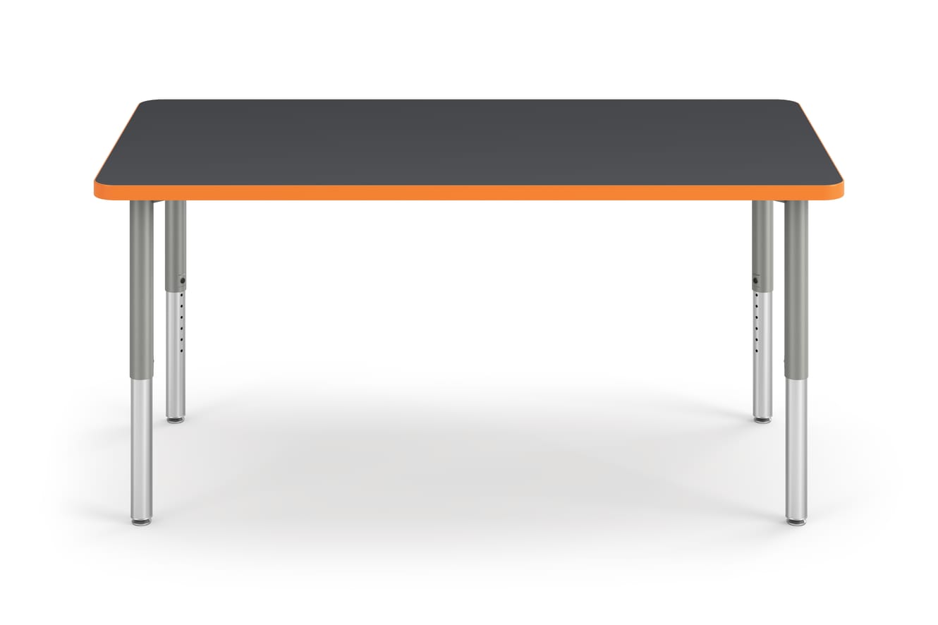 Front View of Charcoal Rectangle Build Table with Orange Edge Band 