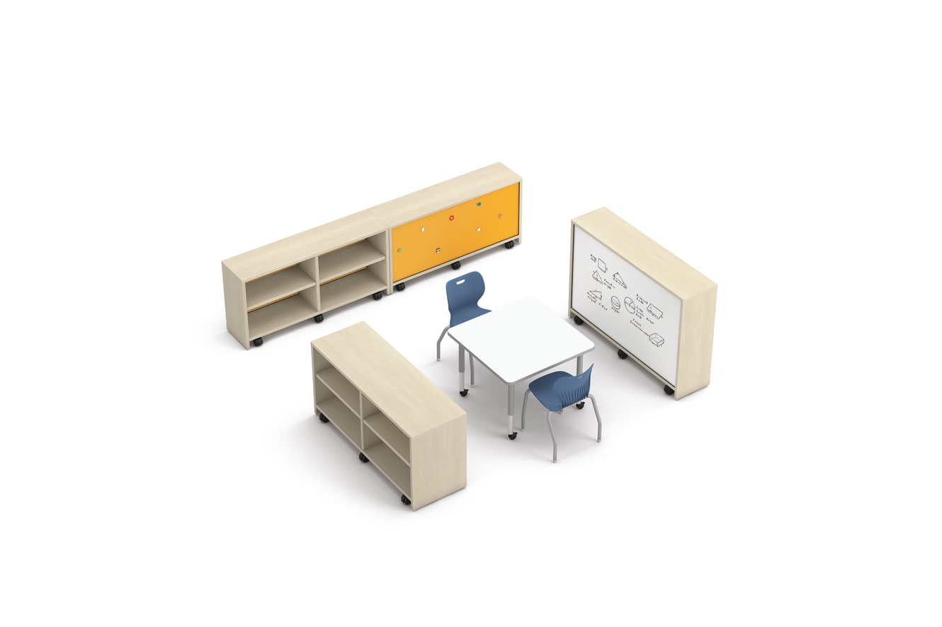 Storyline Bookcases in a Collaborative Setting. Build Table with Blue SmartLink Seating