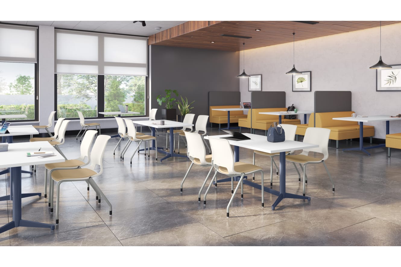 A modern and minimalist cafe or dining area with white tables, chairs, and benches, along with wooden accents on the ceiling and walls, and large windows providing natural light.