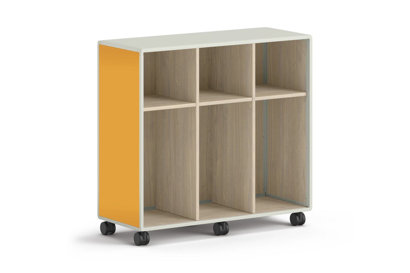 Small mobile storage unit with three square cubbies and three locker cubbies and orange side panels.