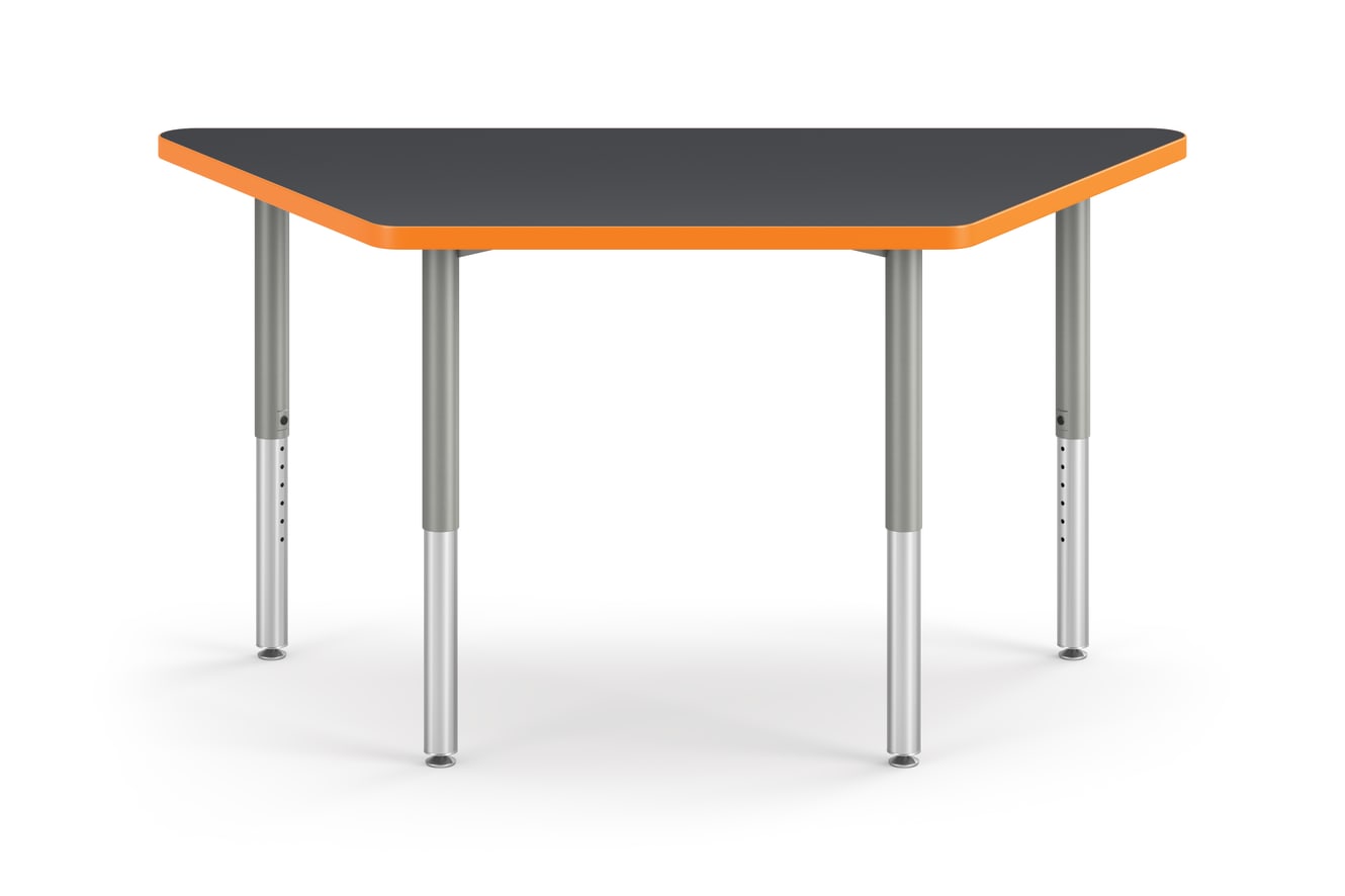 Front View of Charcoal Trapezoid Build Table with Orange Edge Band