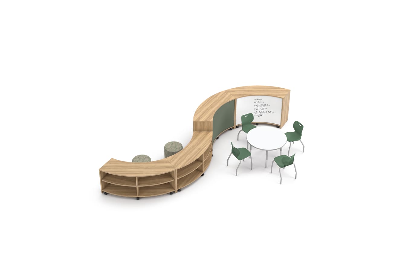 Storyline Curved Bookcases with Flock Seating. Build Table with green SmartLink Chairs