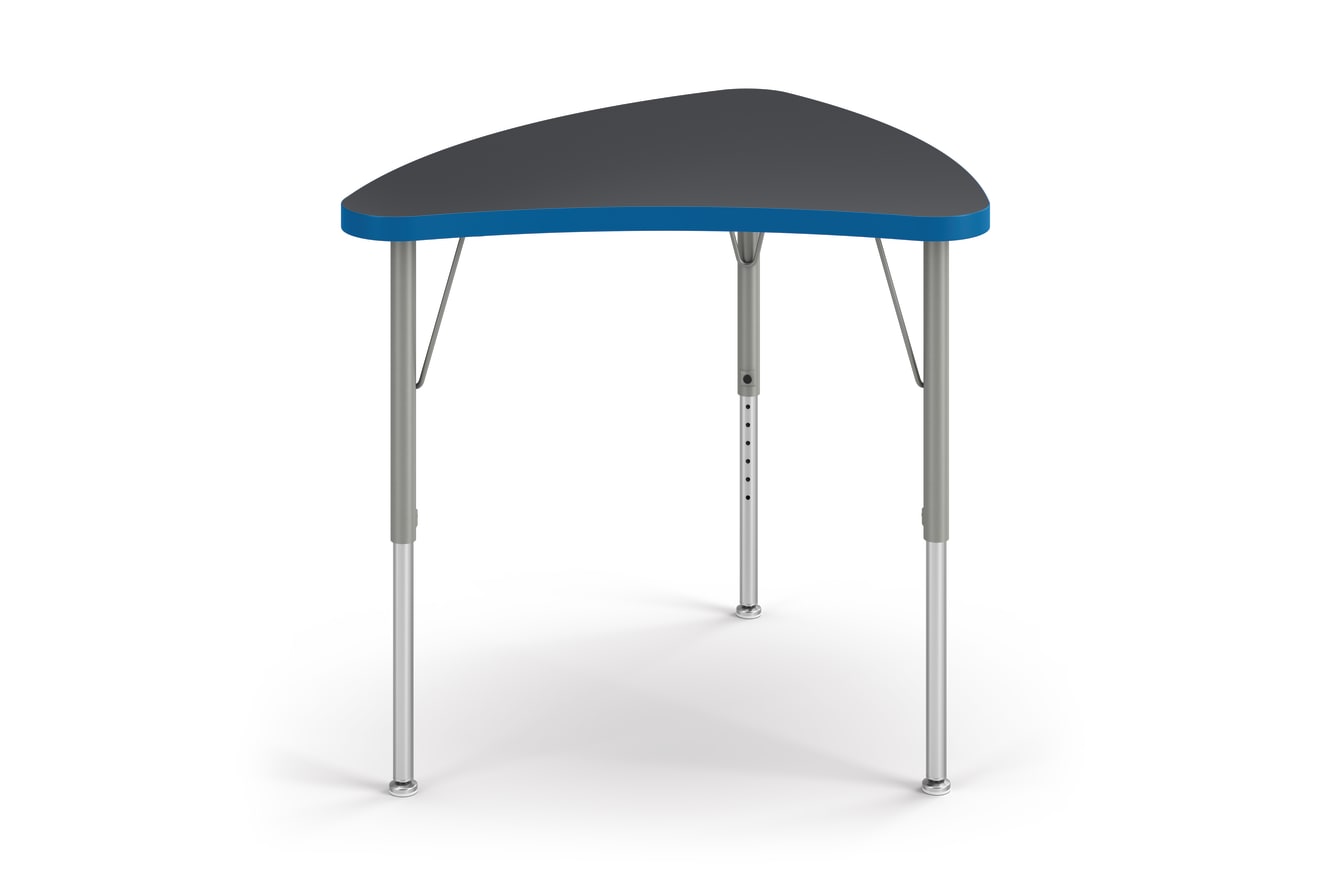 Front View of Charcoal Crescent Build Student Desk with Blue Edge Band.