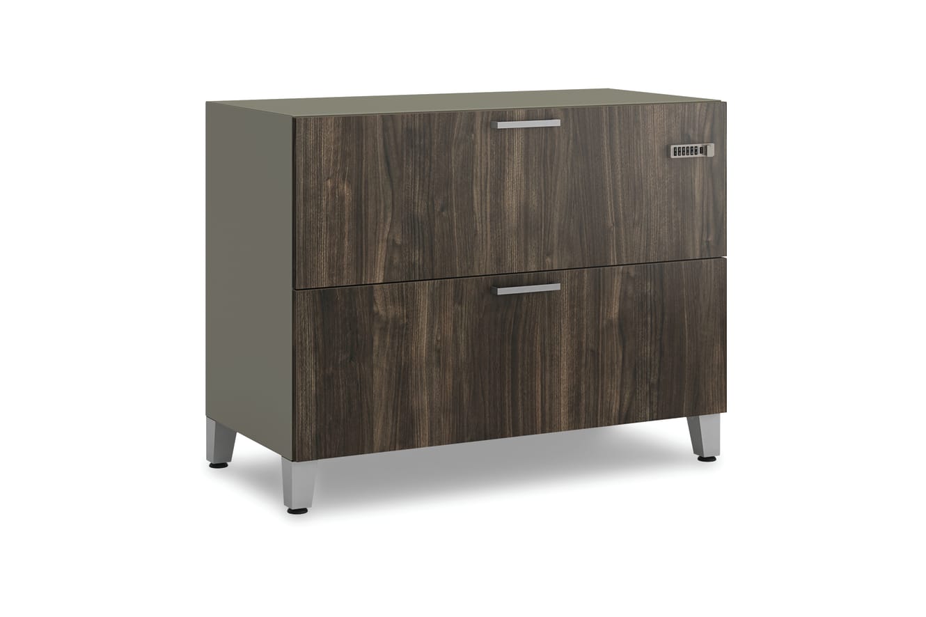 Contain lateral with woodgrain laminate drawer fronts on a white background