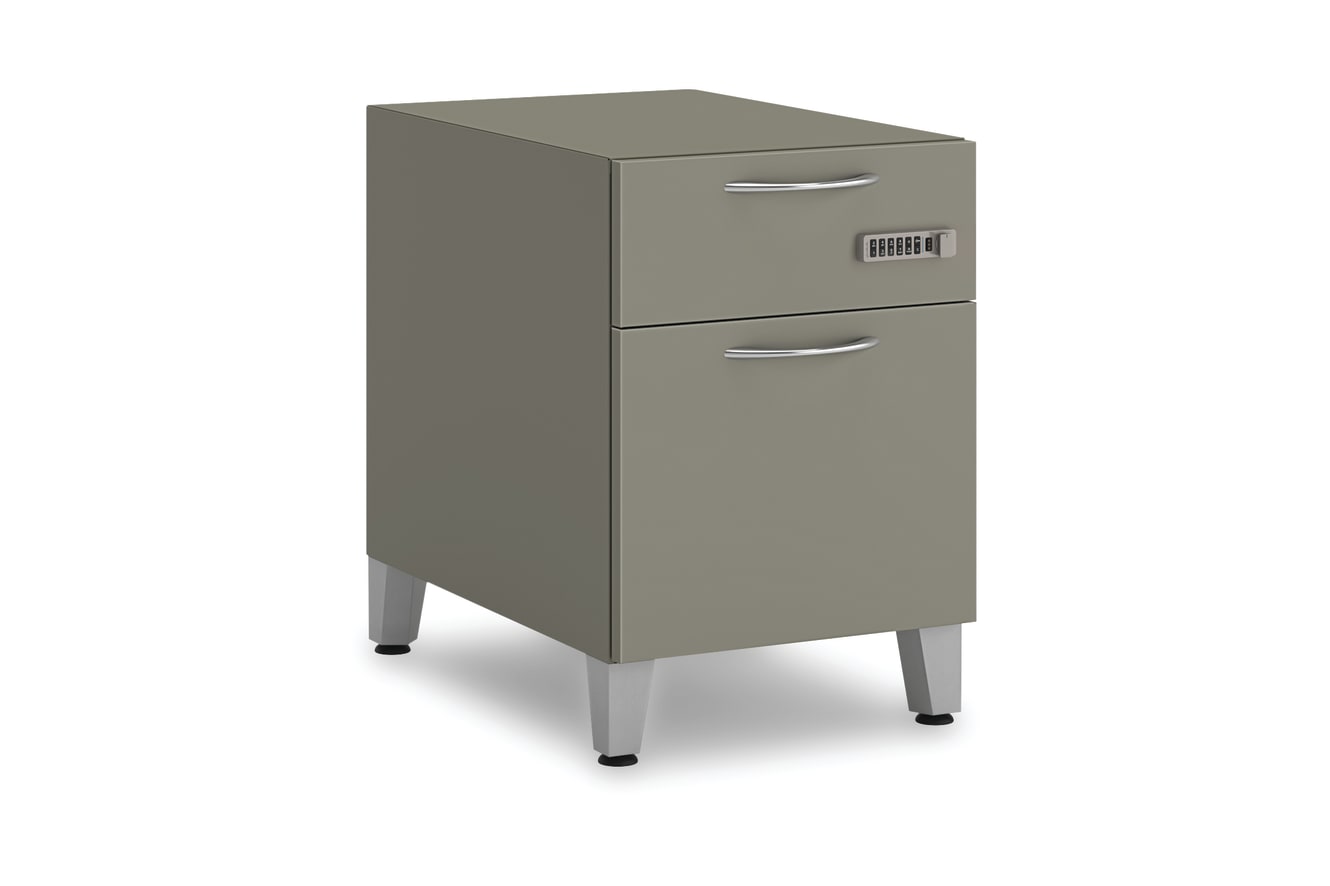 Contain pedestal with woodgrain laminate drawer fronts on a white background
