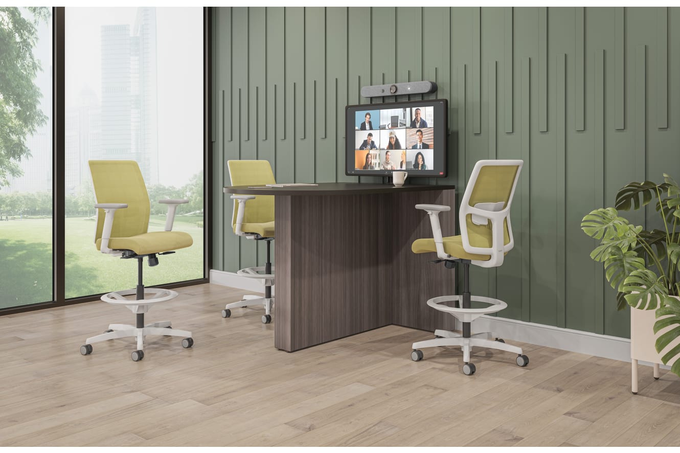 Preside standing team touchdown table with Ignition 2.0 task stools.