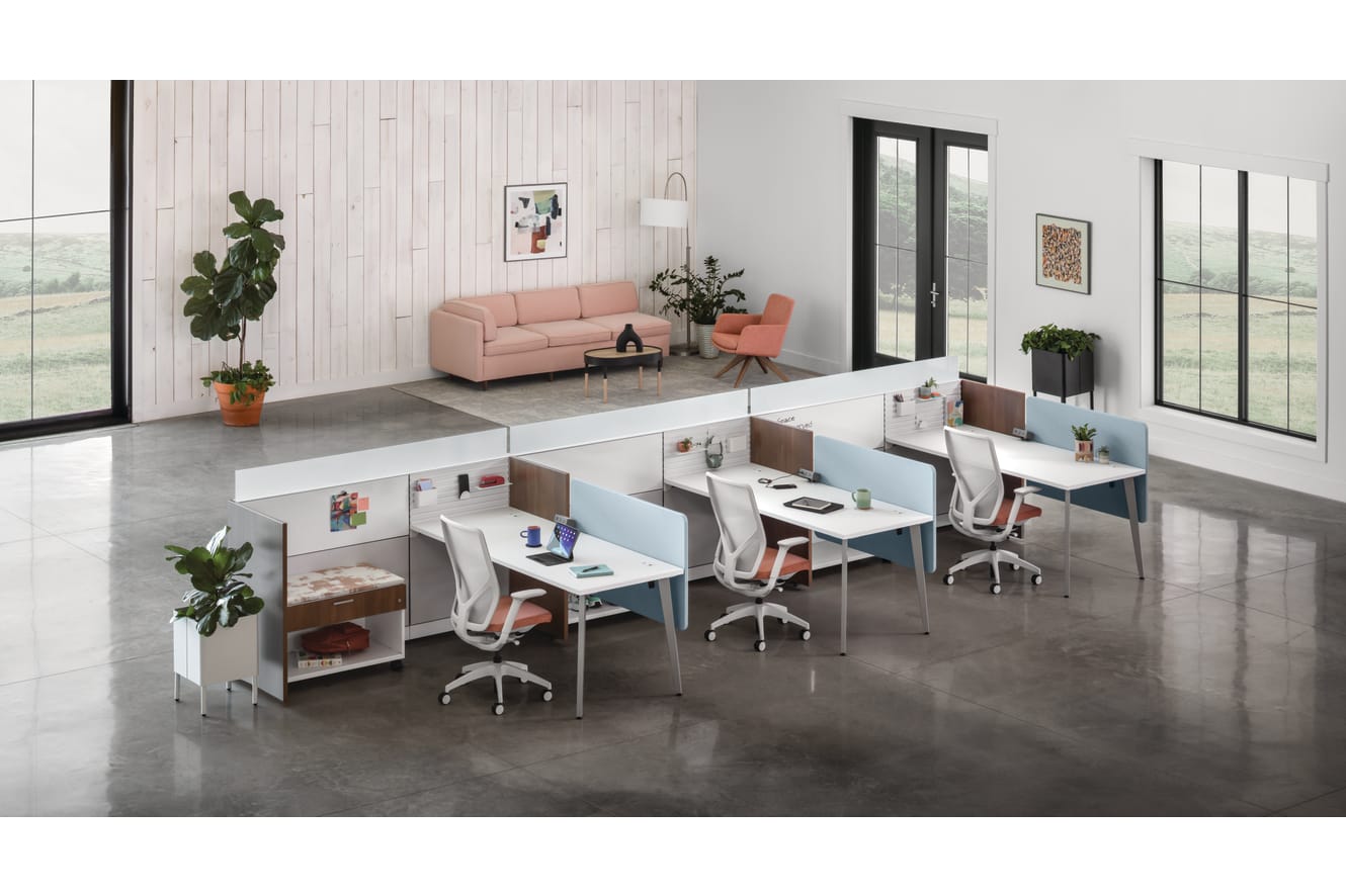 Flexion Seating with Abound Workstations, Contain Mobile Credenzas, Sculpt planters and Pill Table, West Hill and Mav Collaborative Seating