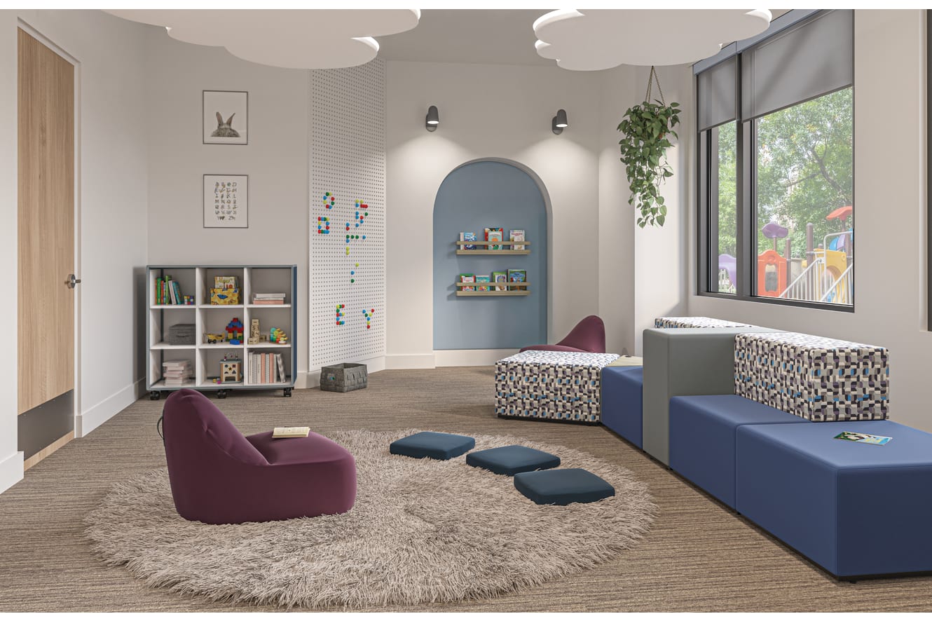 Confetti Floor Lounge and Floor Cushions with Class-ifi Storage and Tangram Seating.