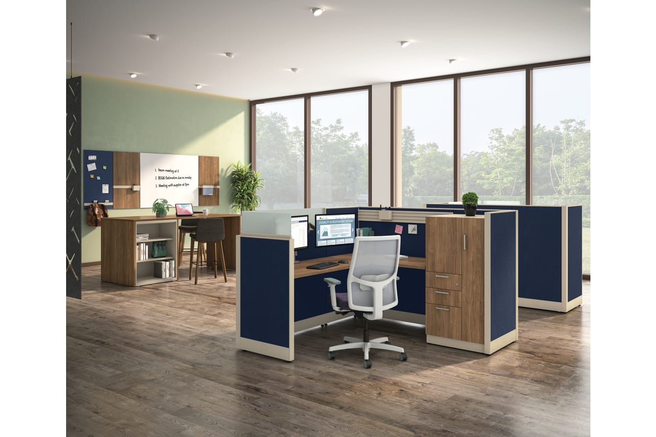 Open plan with Accelerate Cubicles and collaborative area with storage island.