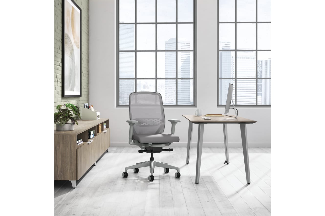 A private office setting featuring Nucleus task seating with Voi desk and storage.