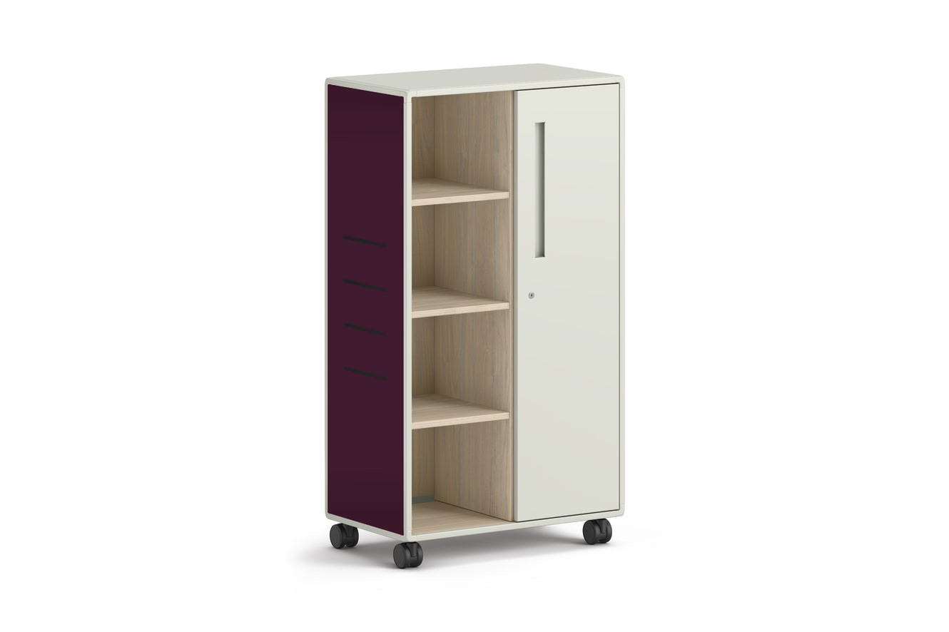 Tall mobile storage unit with open shelves and single door in white and plum finish.