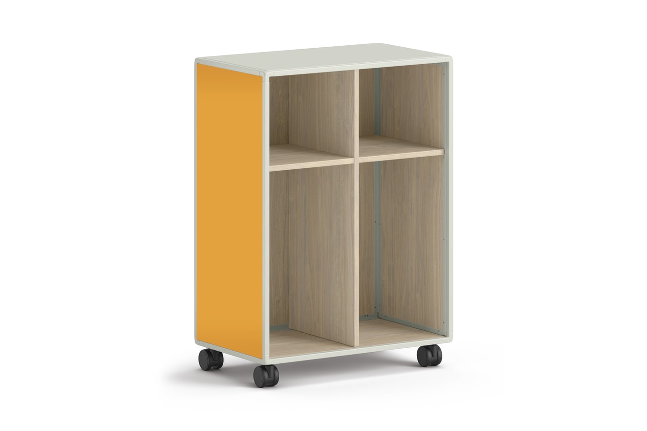 Small mobile storage unit with four square cubbies and orange side panels.