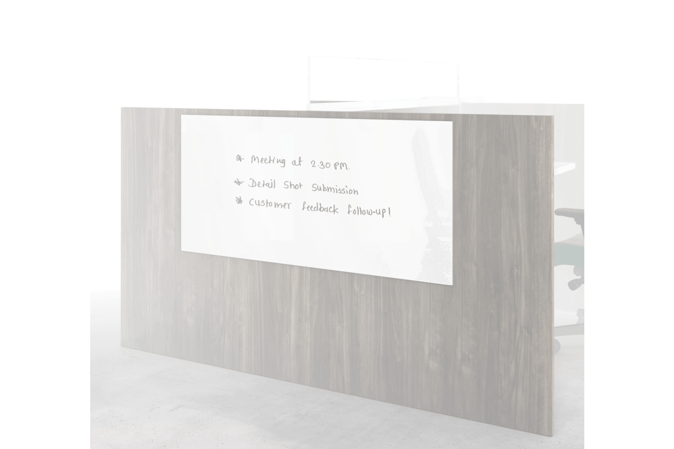 Gallery panel mounted markerboard on the end of a workstation.