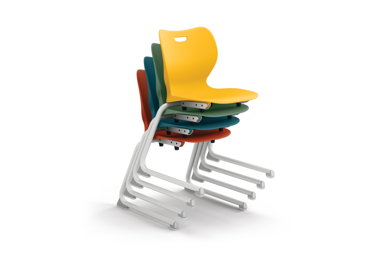 SmartLink Cantilever Stacked Chairs in Sienna, Cyprus, Ochre, and Fern shells.