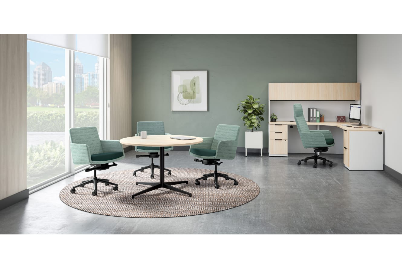 A modern and minimalist office space with a round table, swivel chairs, and a large window overlooking a cityscape.