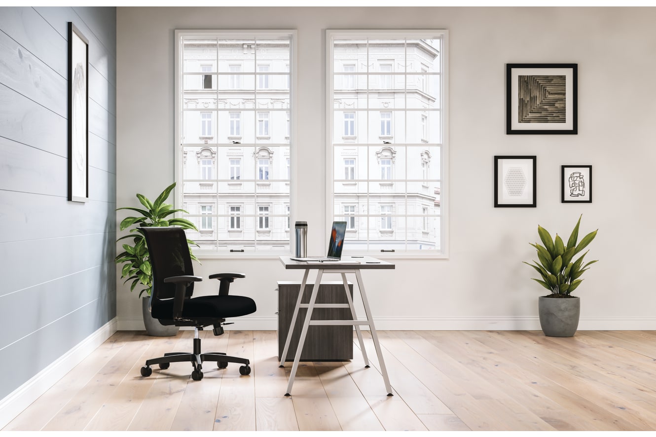 Mod Silver a-leg desk in Slate Teak laminate with Convergence task chair