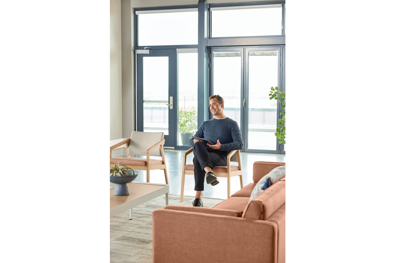 Confer chair with West Hill sofa and Sculpt tables 