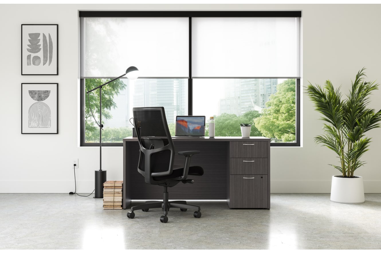 Mod desk in Slate Teak with Ignition task chair