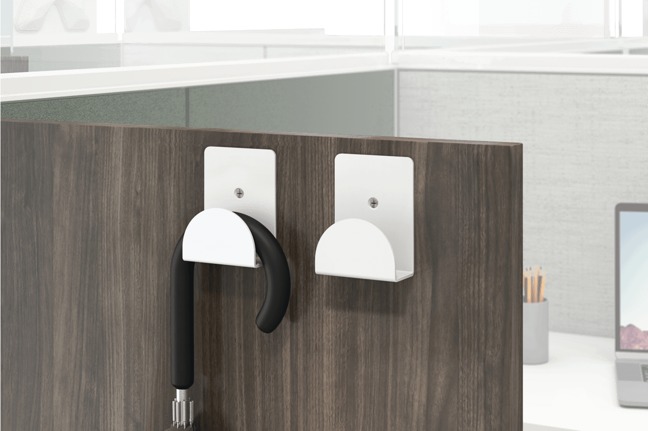 Gallery panel hook holding a hanging umbrella.
