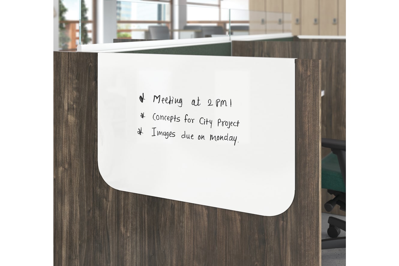 Gallery panel hanging markerboard on the end of a workstation.