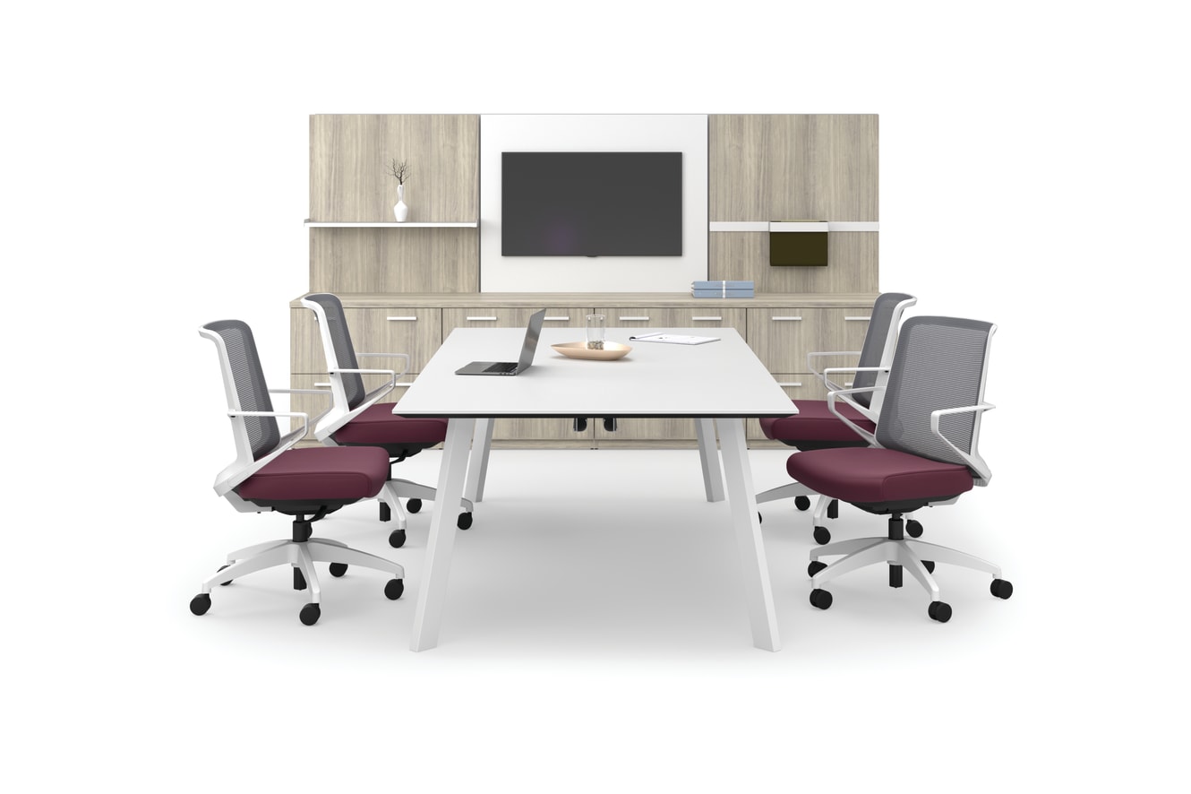 Concinnity storage with Workwall tiles and Preside table and Cliq chairs