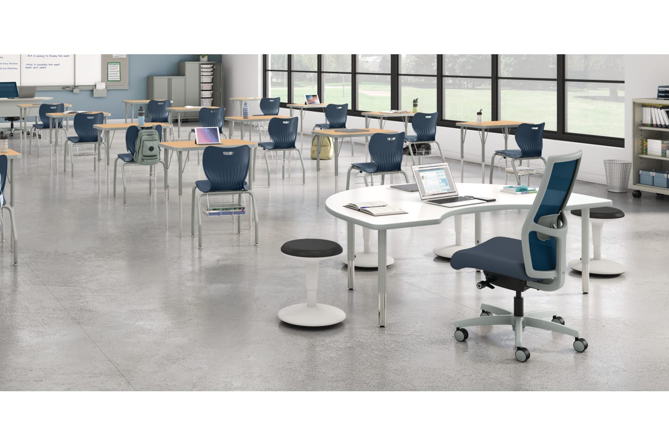 Classroom set up with Ignition 2.0 task chair with Spectrum Mesh, Build student desk and SmartLink Mobile Cabinet Storage
