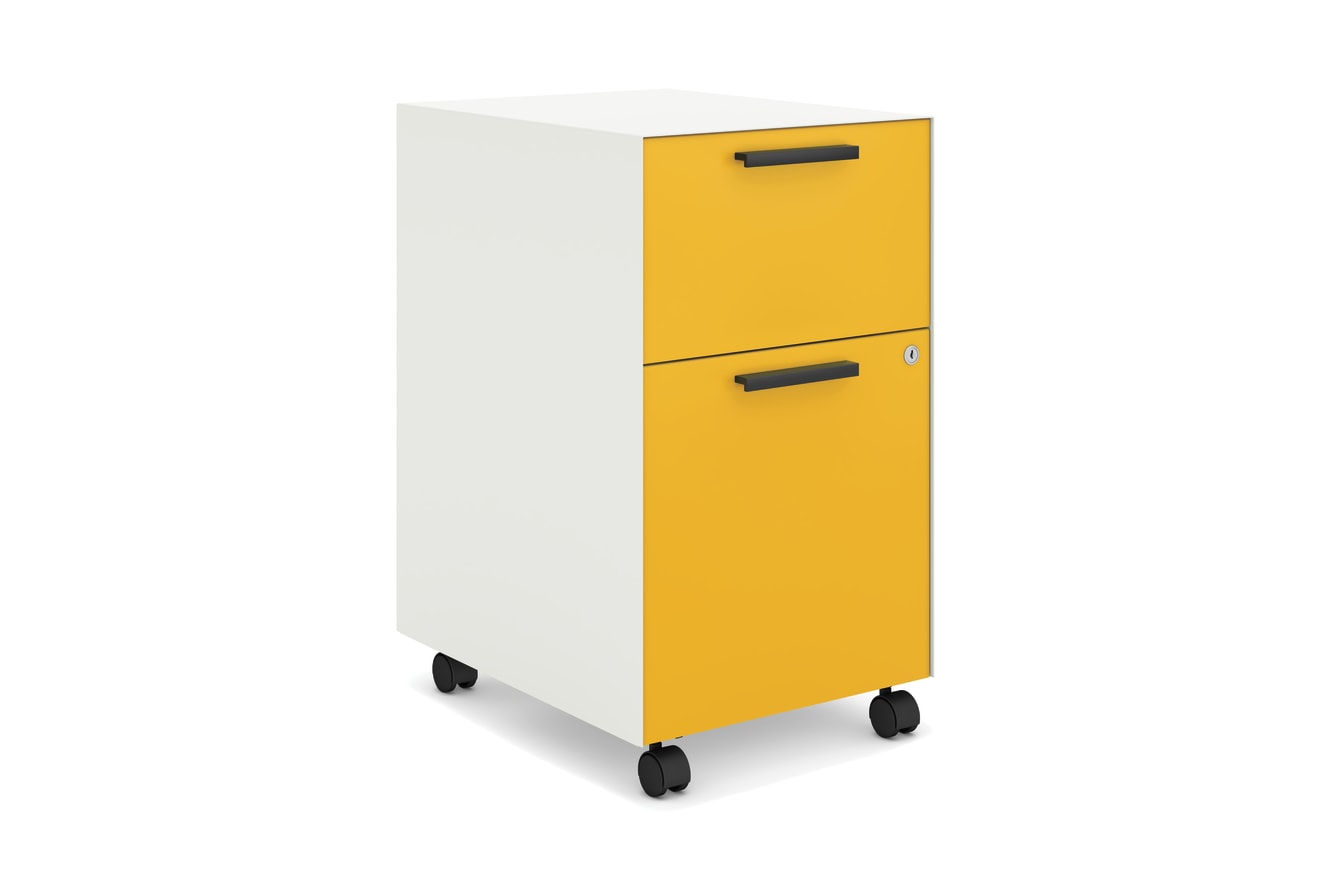 A white and yellow mobile filing cabinet with two drawers and casters on the bottom.