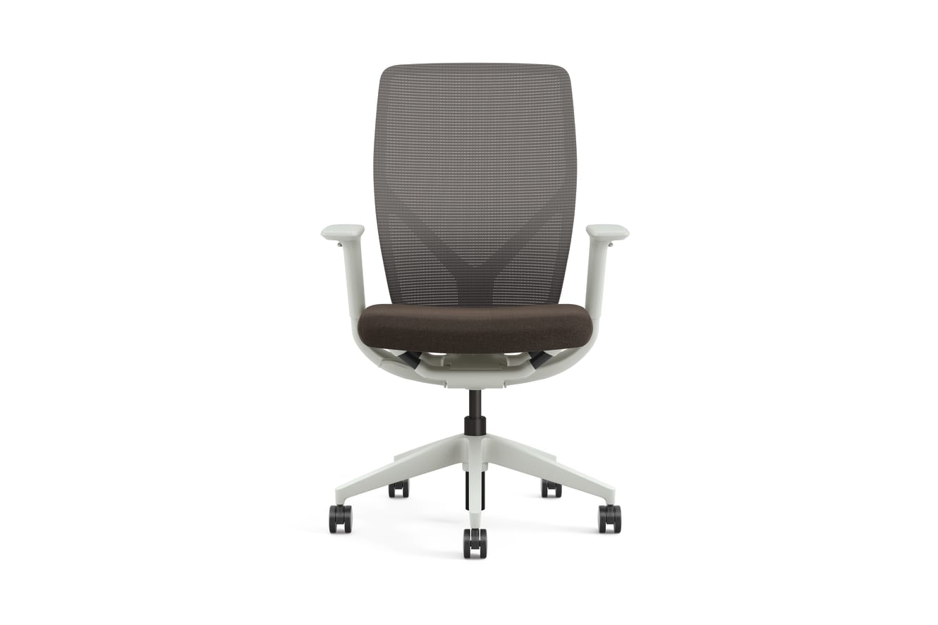 Front view of HON Flexion chair with Brown seat fabric and Salt frame.