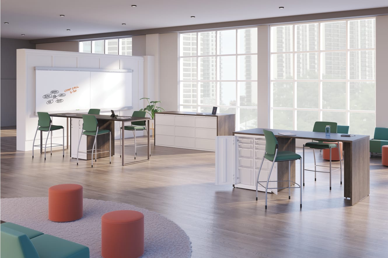 Ignition café height stools shown at café height Storage Islands with Flock lounge seating.