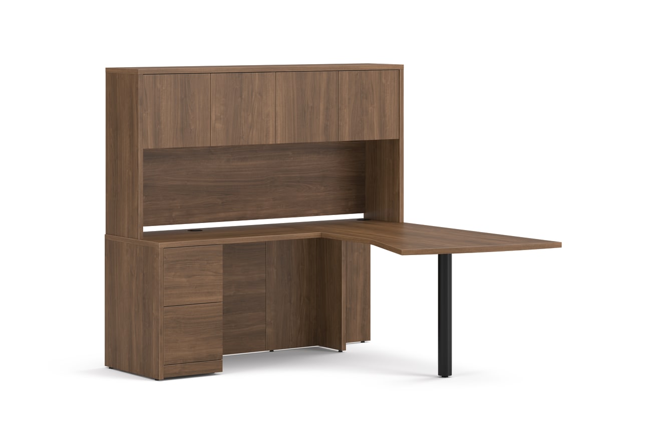 10500 Series Peninsula L Desk in  Pinnacle Laminate with Black Post Leg.