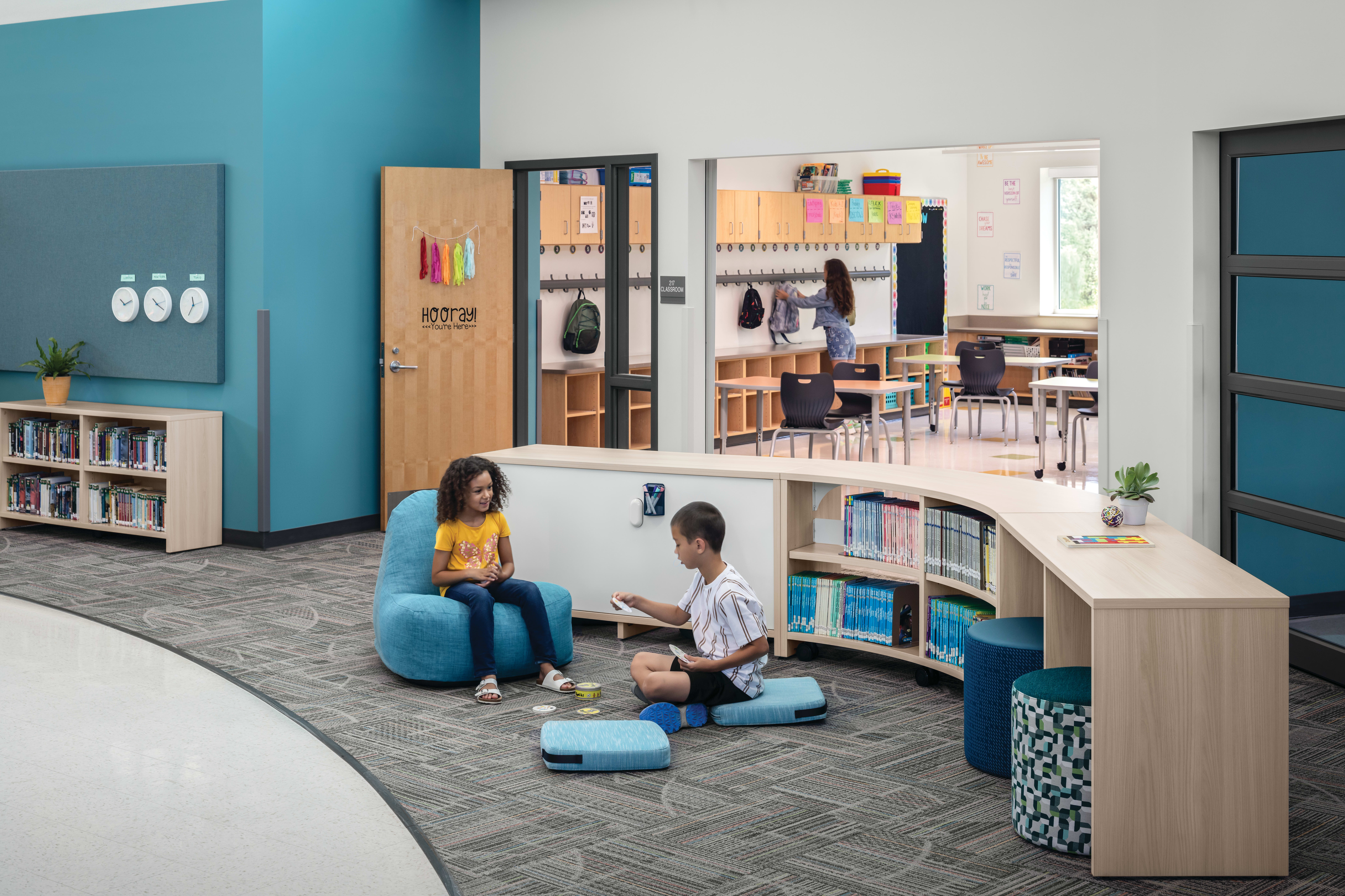 Storyline Bookcases and Bistro Tables with Confetti Floor Cushions and Lounge and Flock Minis.
