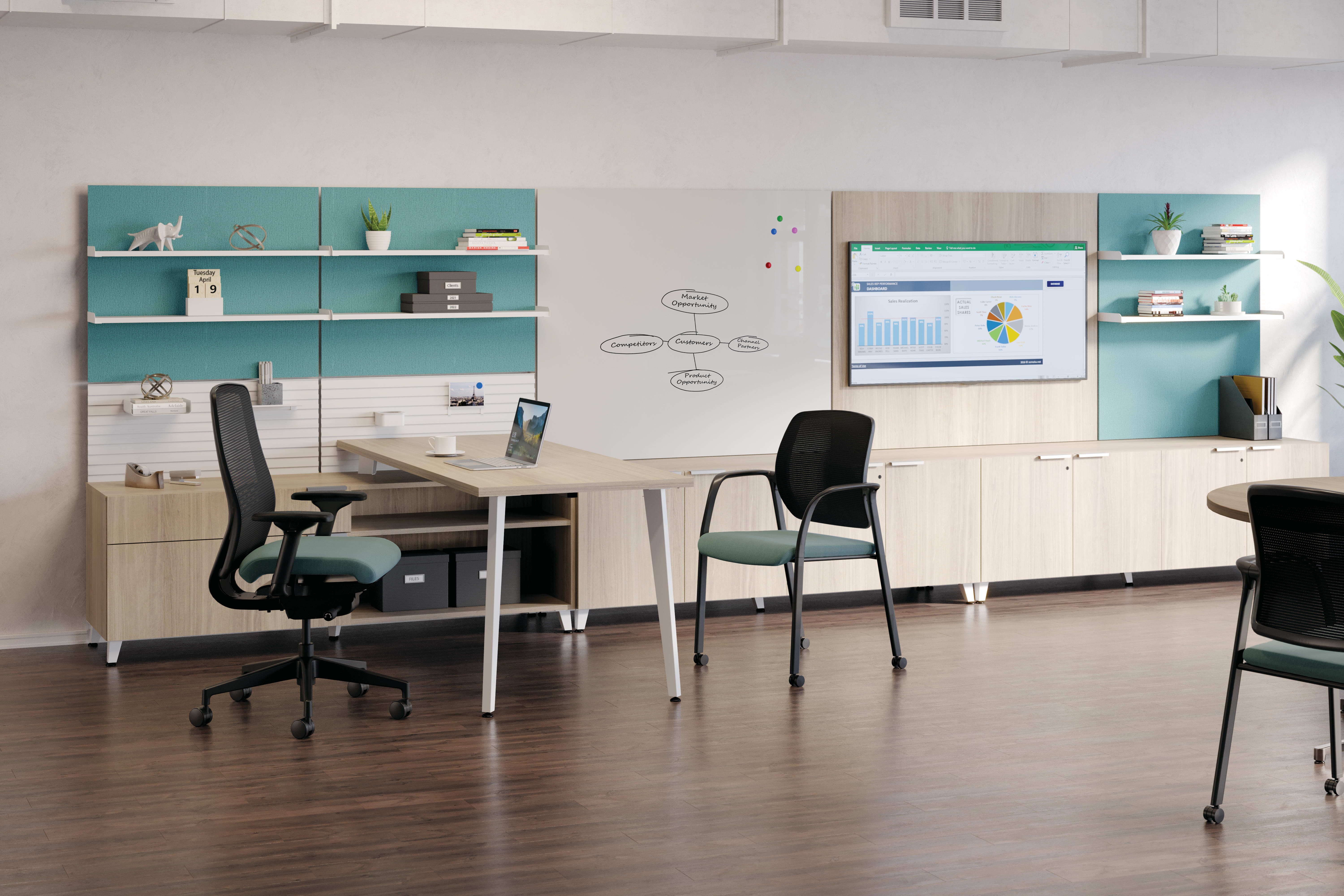 Nucleus Seating with Workwall and 10500 Series Desking