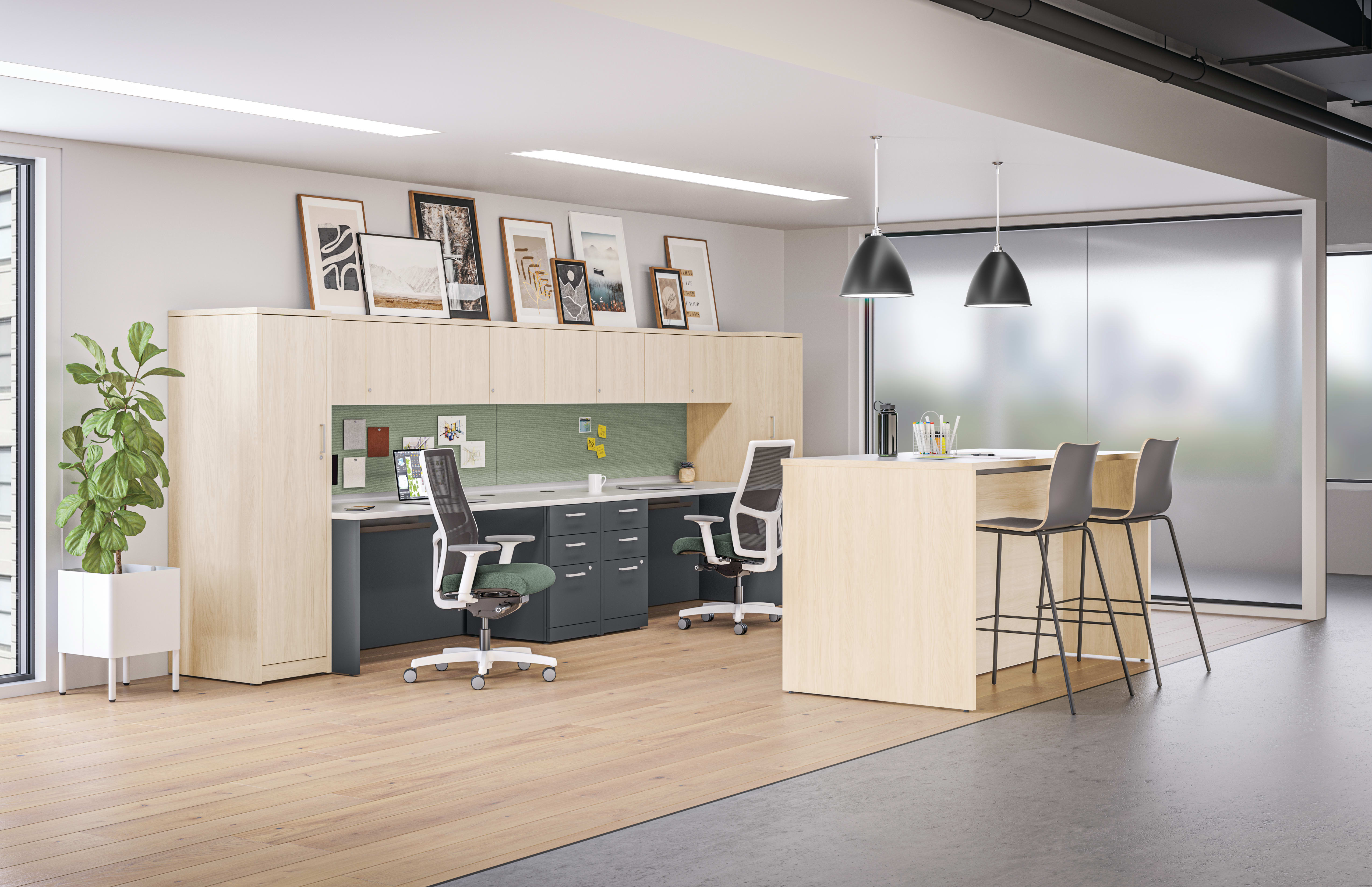 10500 Series desks with personal towers and overhead storage near Storage Island collaborative workspace.