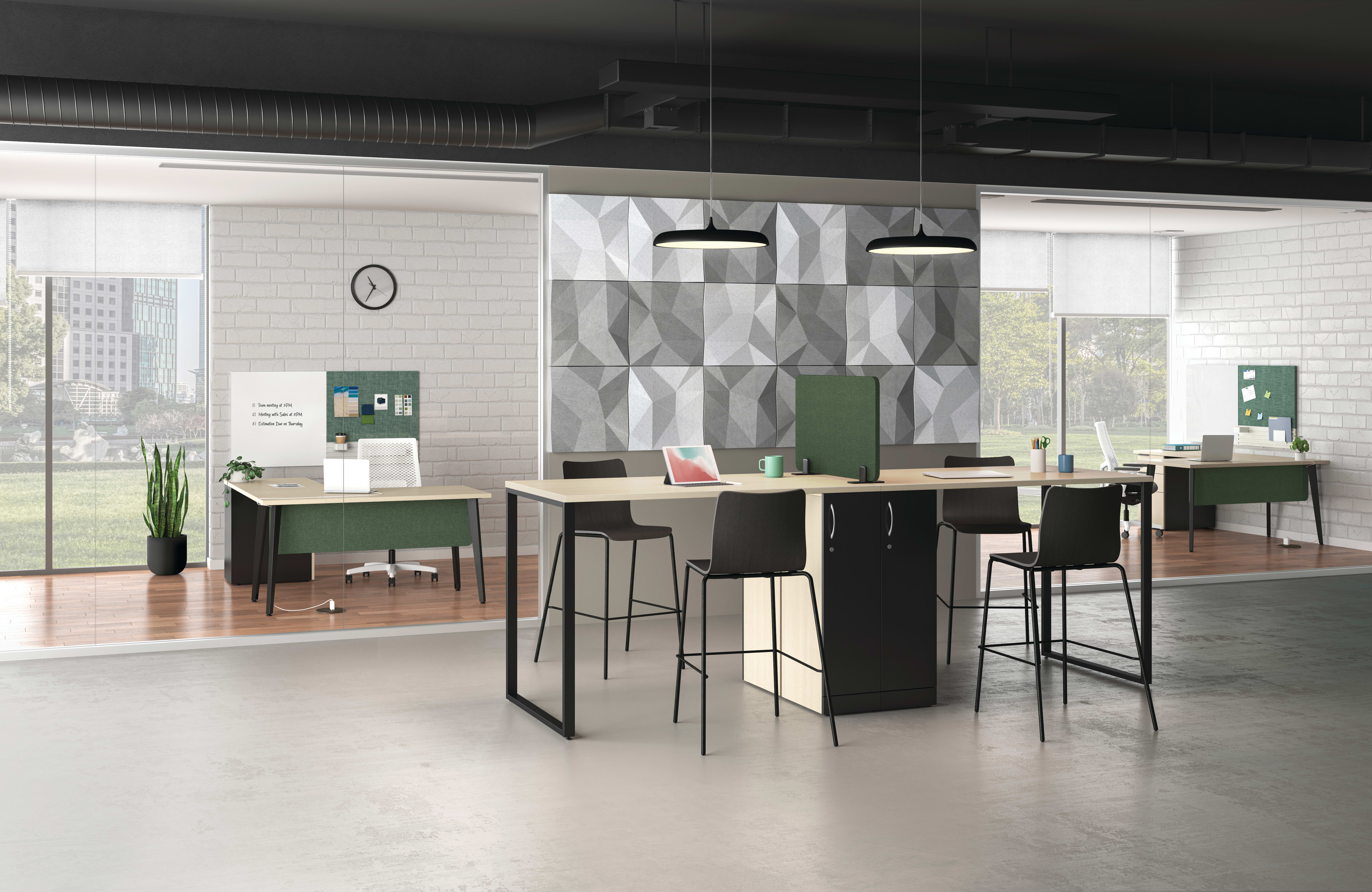 Universal Screens showed with Contain Storage Islands, Voi Desking, Ignition 2.0 Task Chairs and Ruck Stools