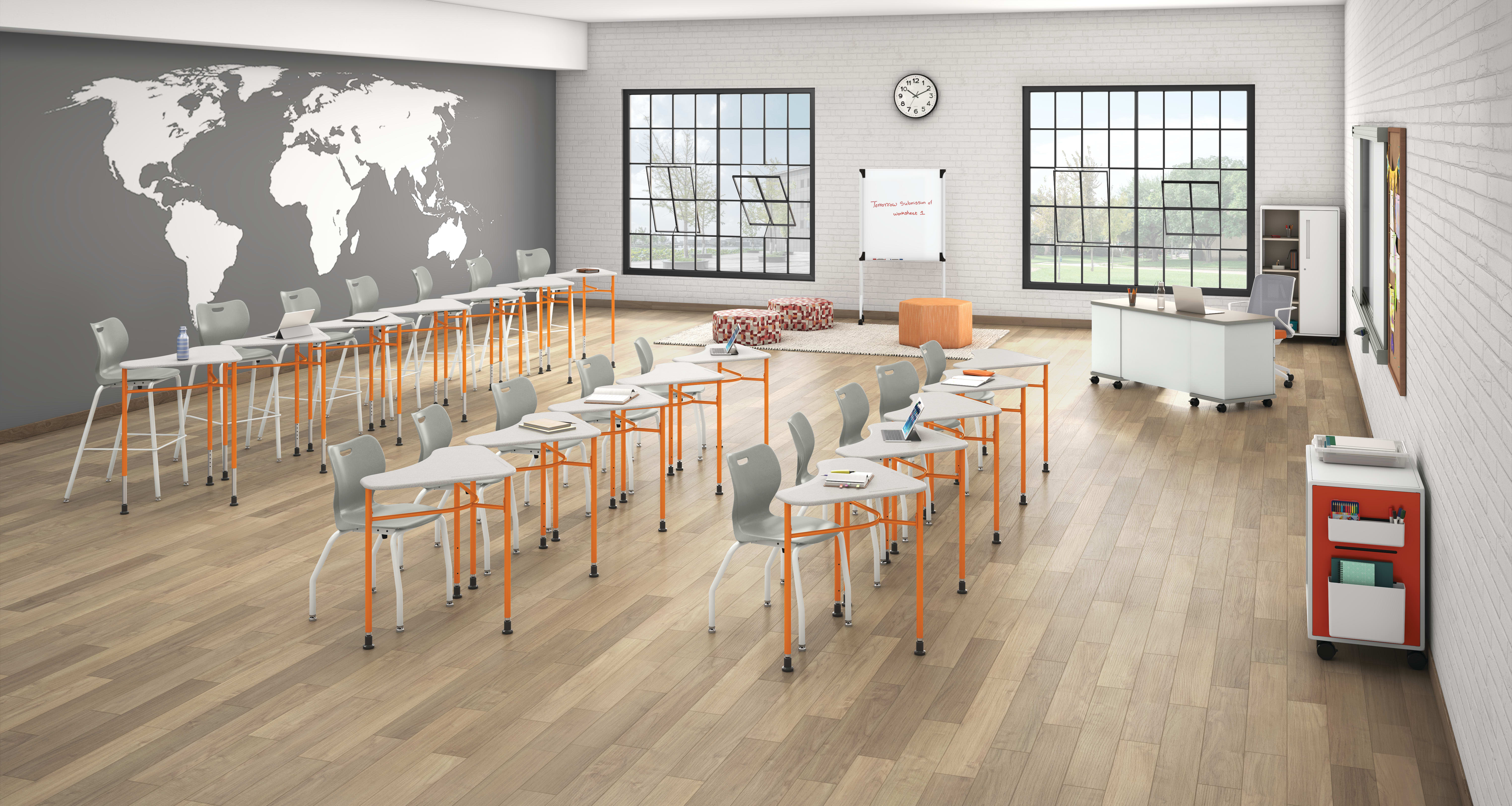 SmartLink Student Desk, Teacher Desk, Chairs, Stools, and Wall Rail System with Class-ifi Storage and Tangram Ottomans.