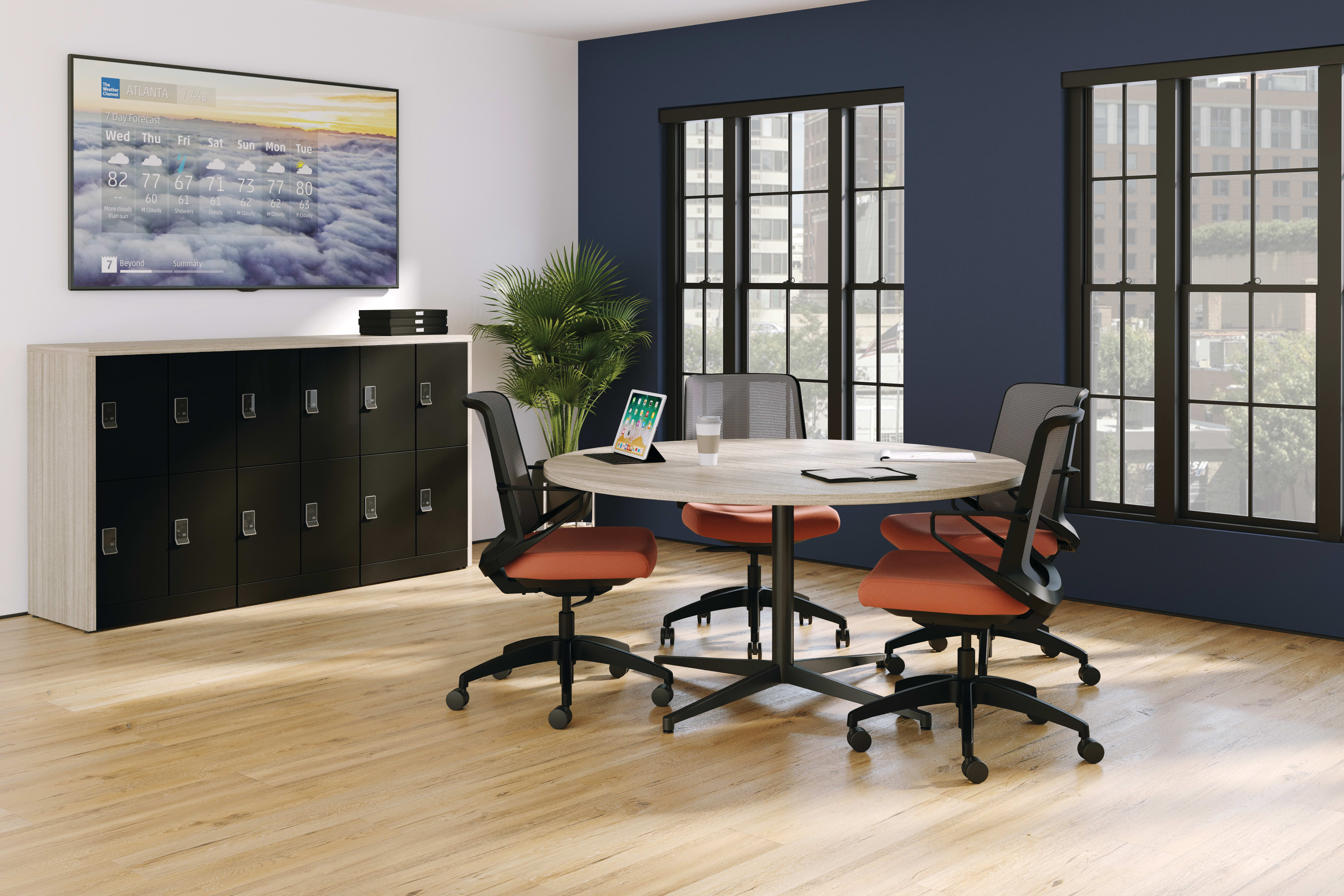 Preside Conference Table, Cliq Task Seating, Contain Lockers with Storage Islands.