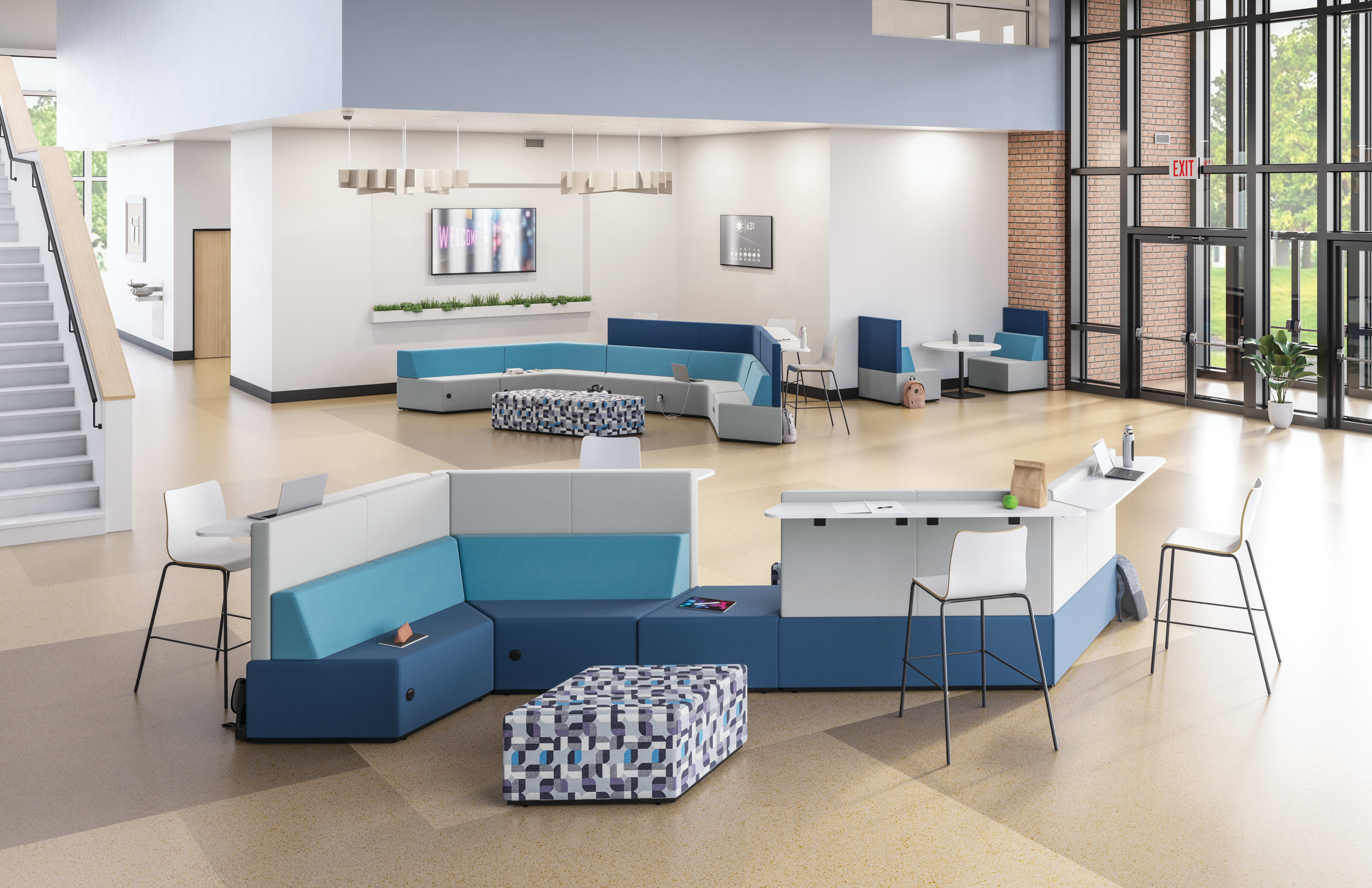 Tangram Bistro-backs with Tangram chairs and ottomans, Birk table, and Ruck stools.