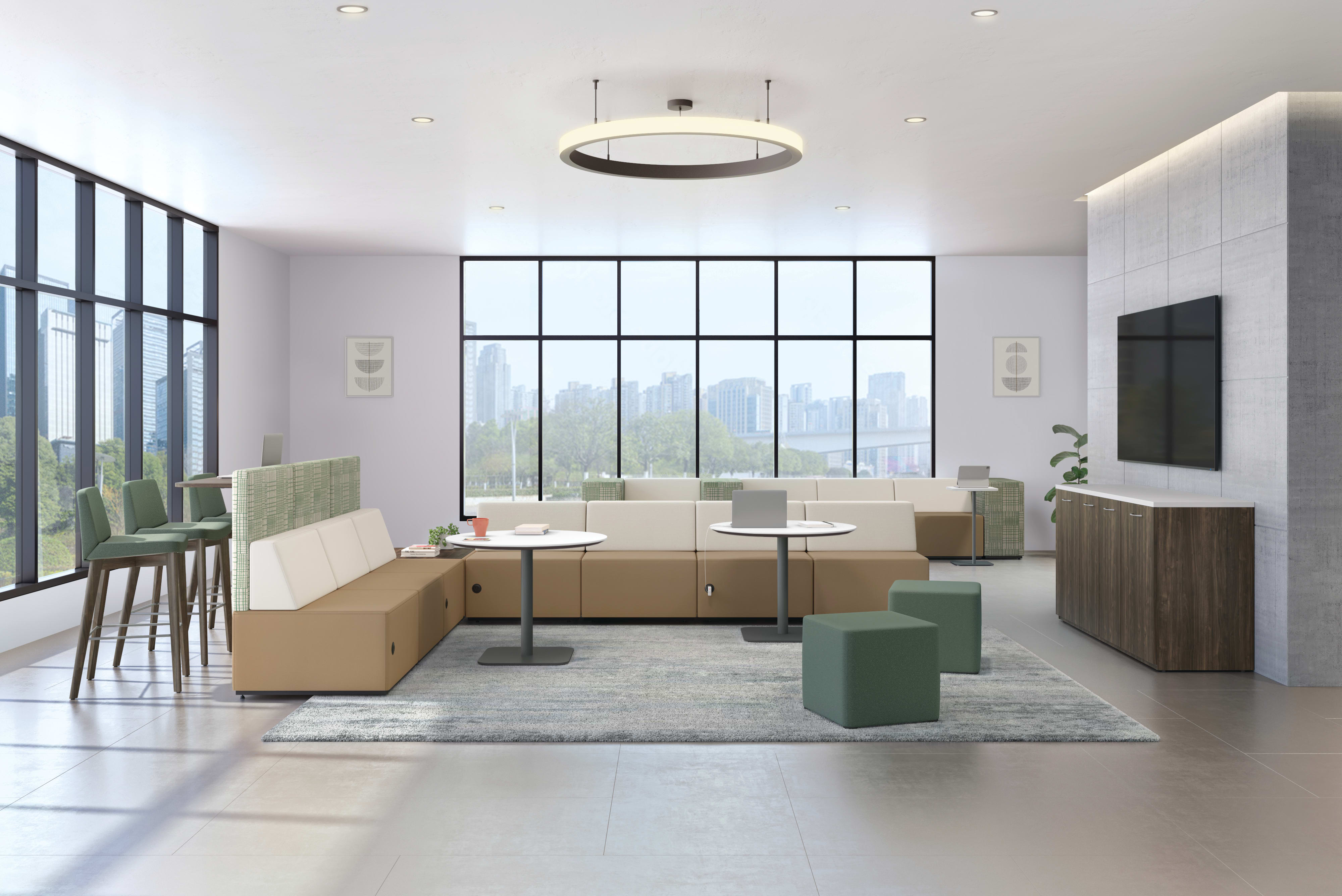 Tangram seating with Flock seating, Birk tables, and Preside credenza.