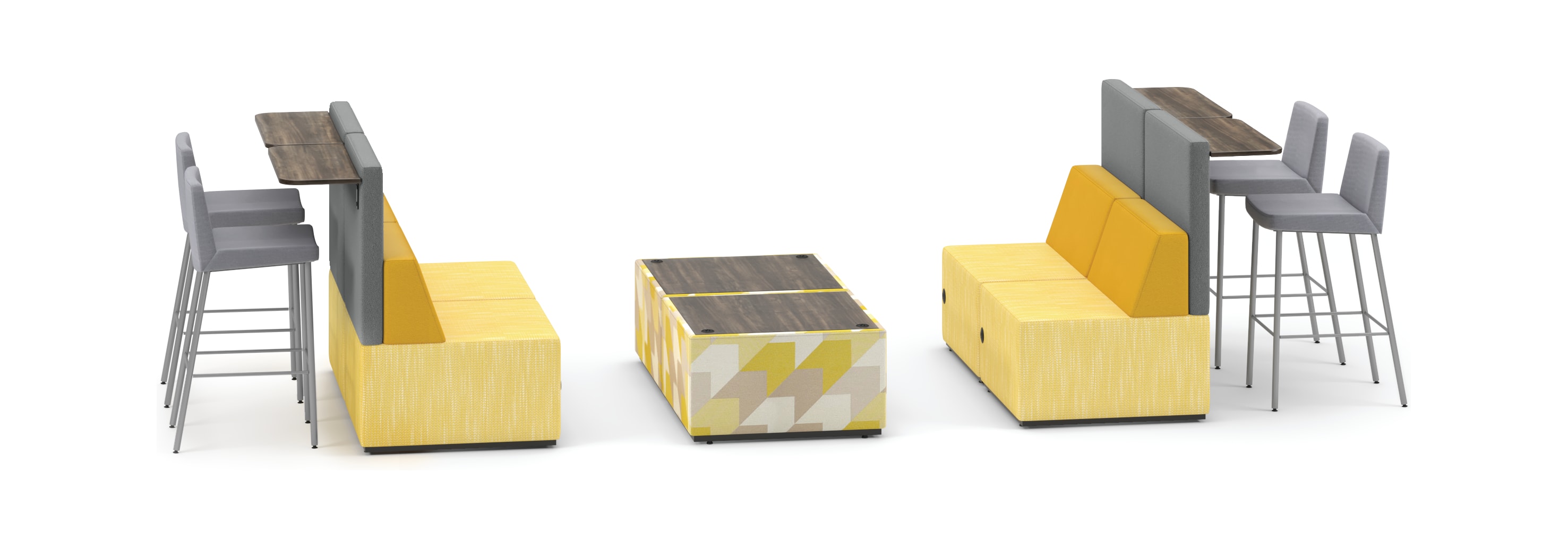 Tangram Bistro Back booth vignette with Tangram Square In-Line Tables and Flock Stools.