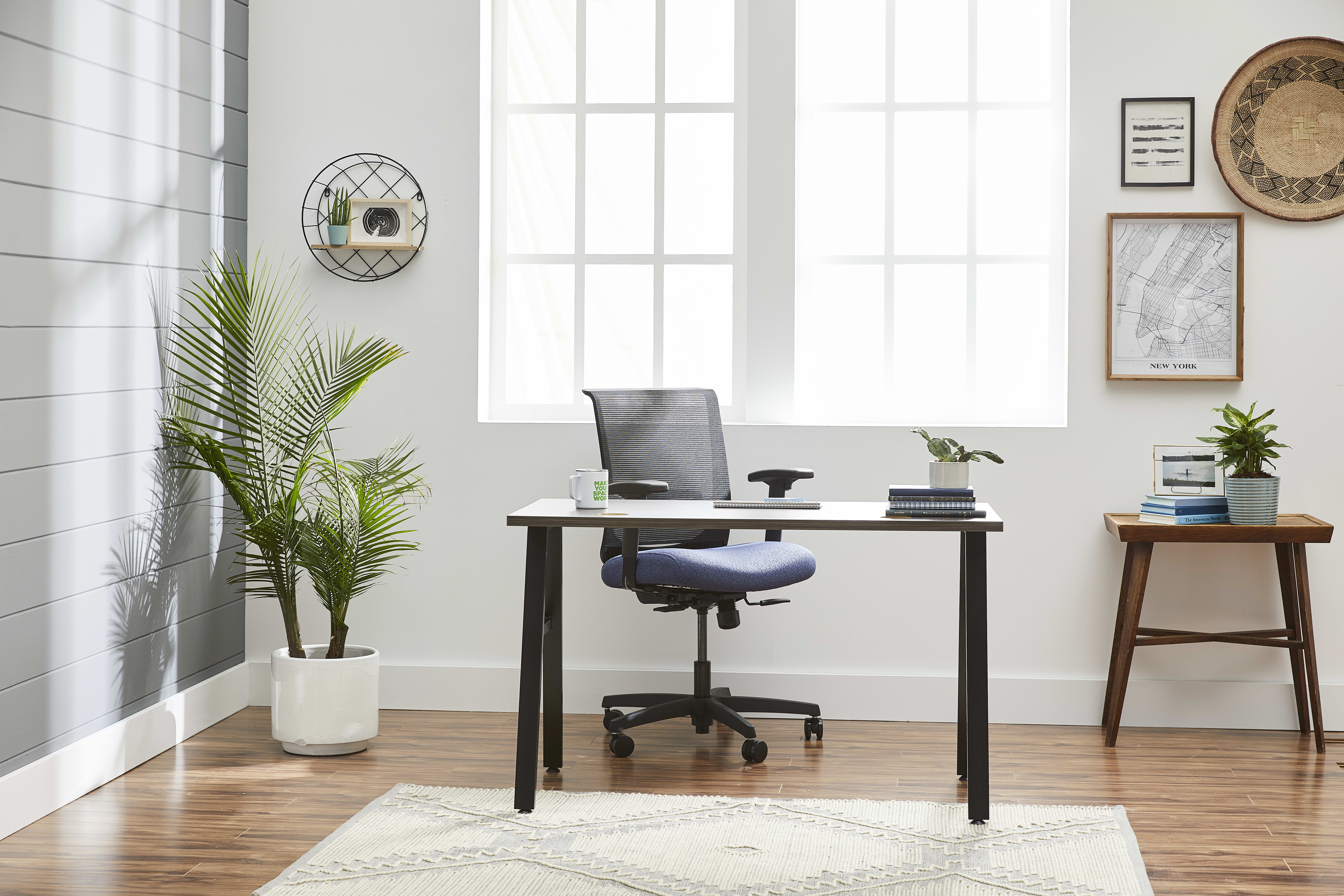 Coze home office desk in Florence Walnut with Blue Convergence Chair