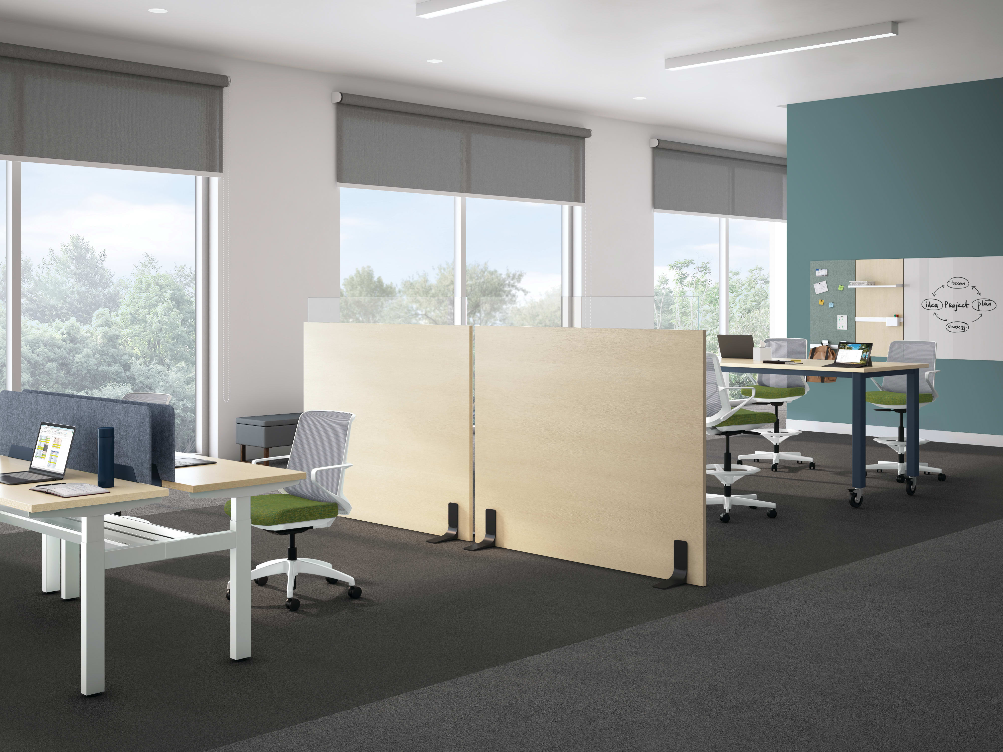 Accelerate freestanding gallery panel used as spacial divider for Empower workstations and a collaborative space featuring Preside table and Workwall.