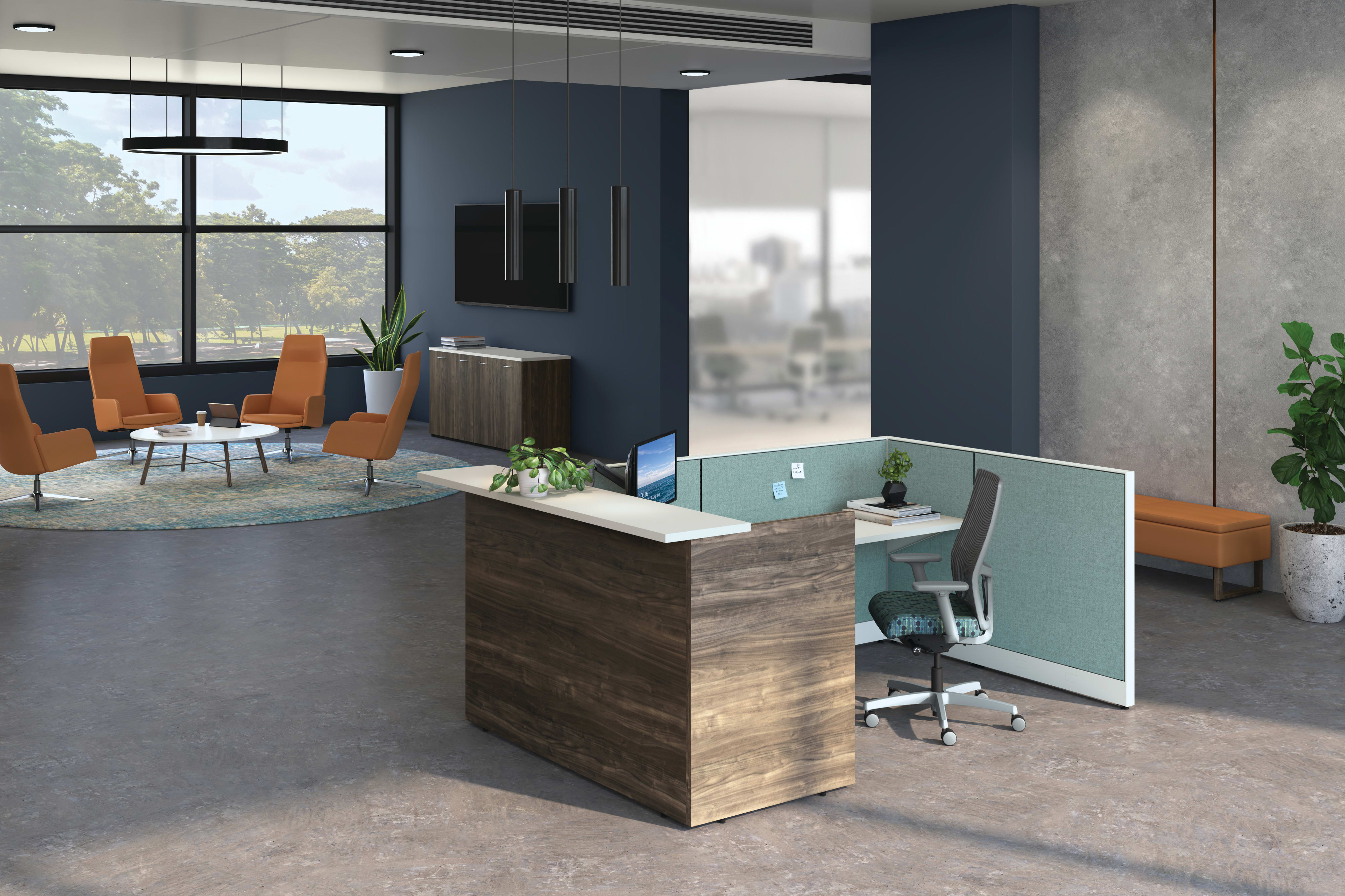 Accelerate welcoming reception station across from waiting area featuring Mav lounge chairs.