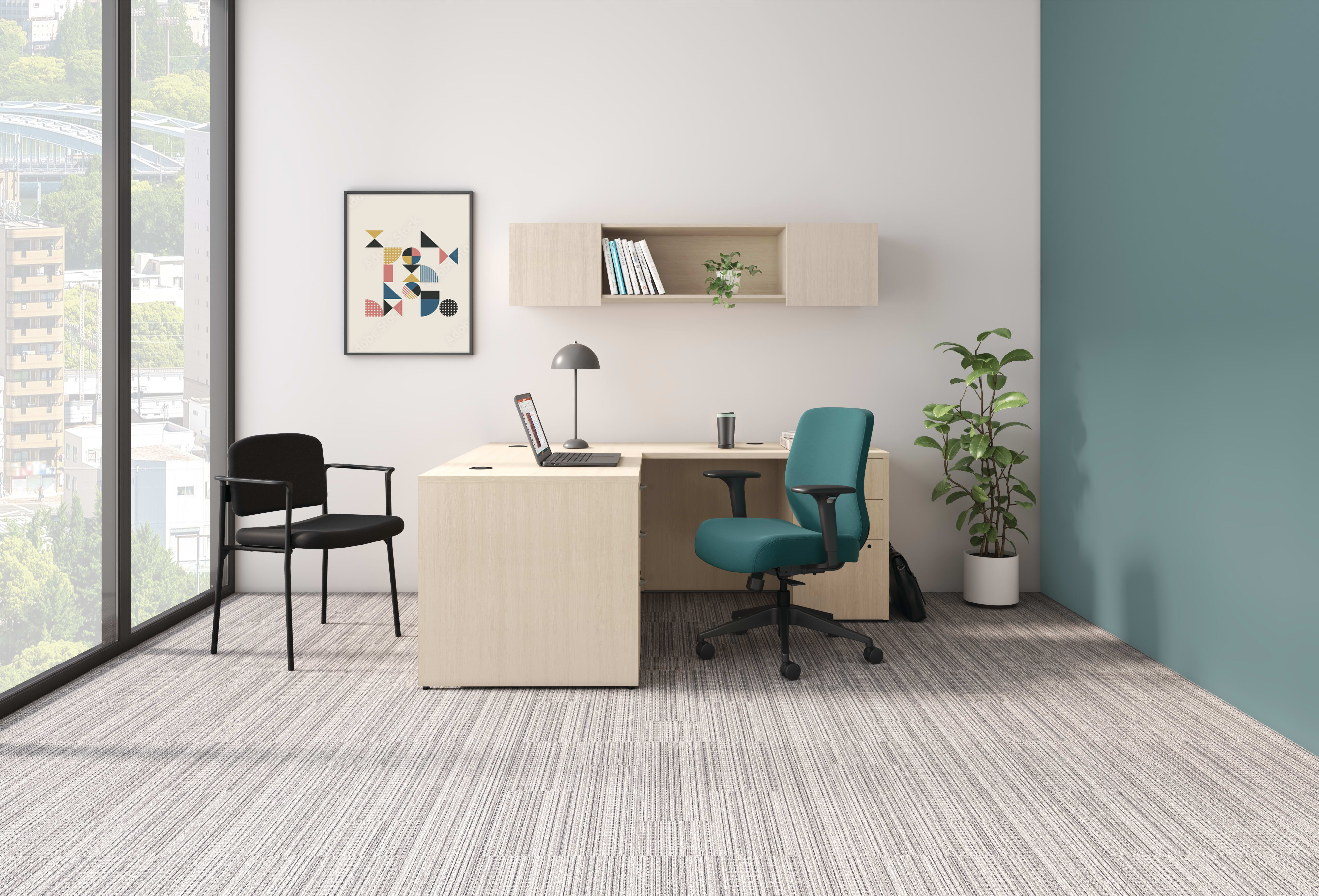 Private office shown with a light laminate desk and a teal Altern task chair 