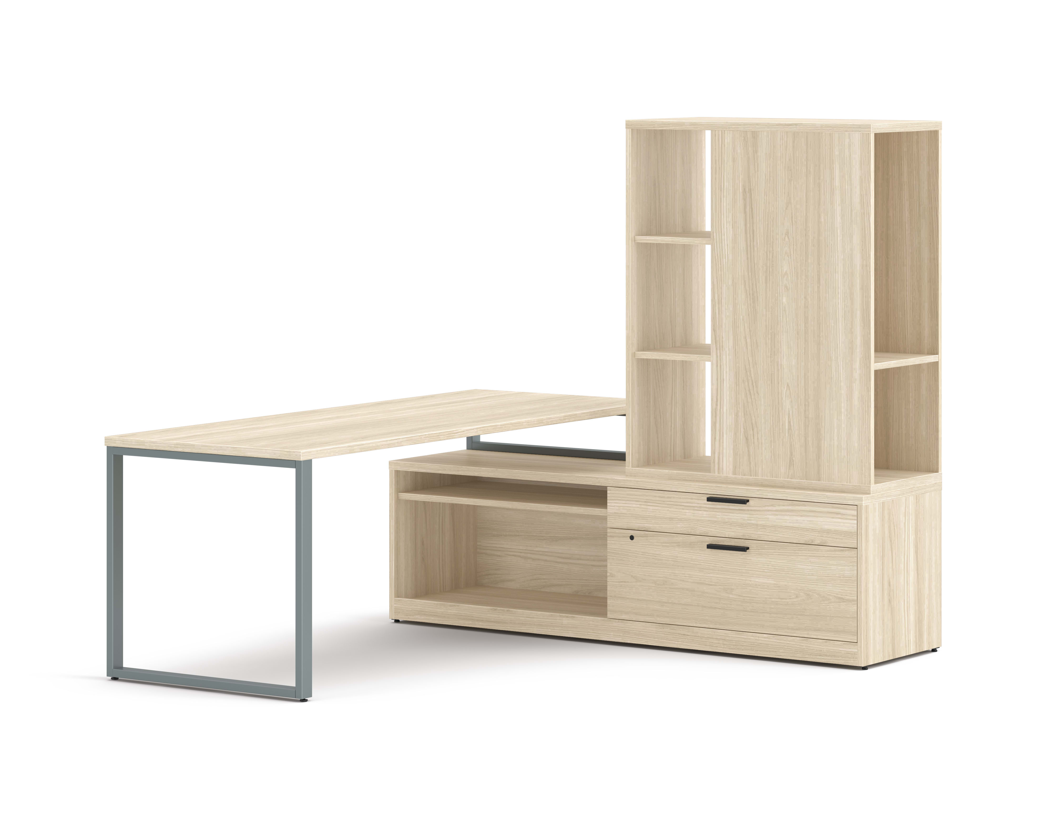 10500 Series L Station in Field Elm Laminate and O legs in Silver Paint.