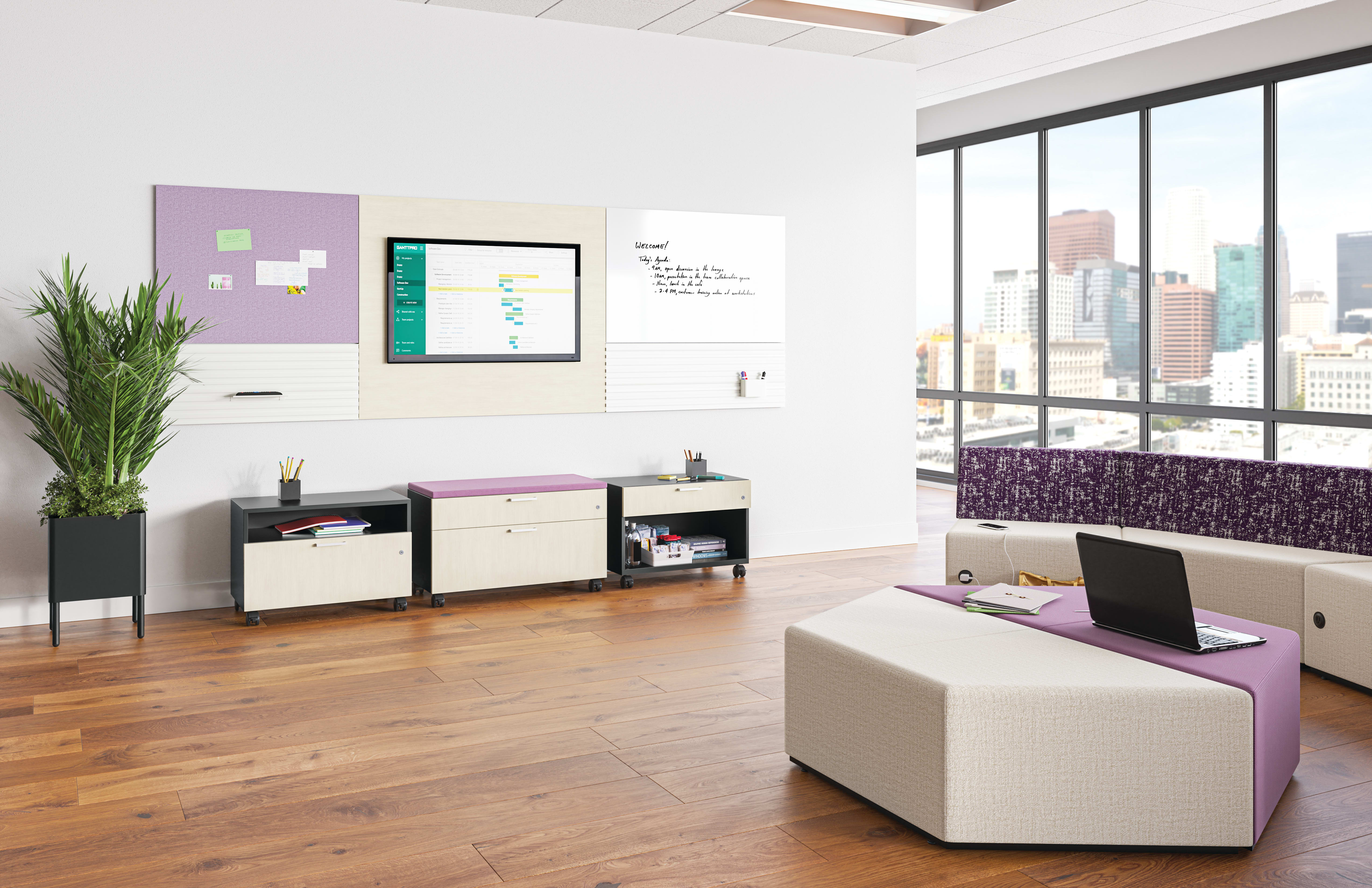 Contain credenzas with Tangram lounge seating  and Workwall