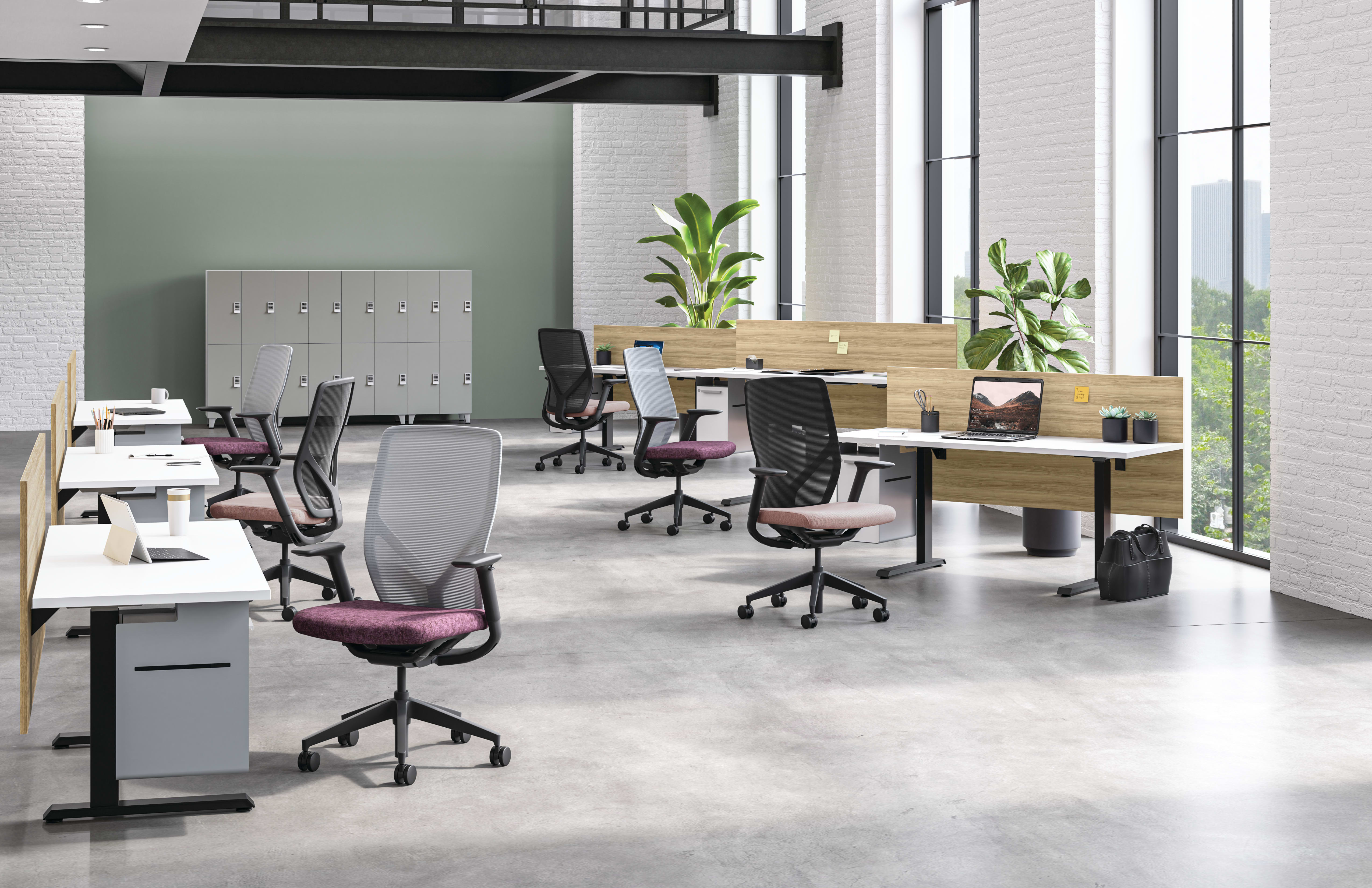 Touchdown workstations with Flexion task seating and Contain lockers in background.