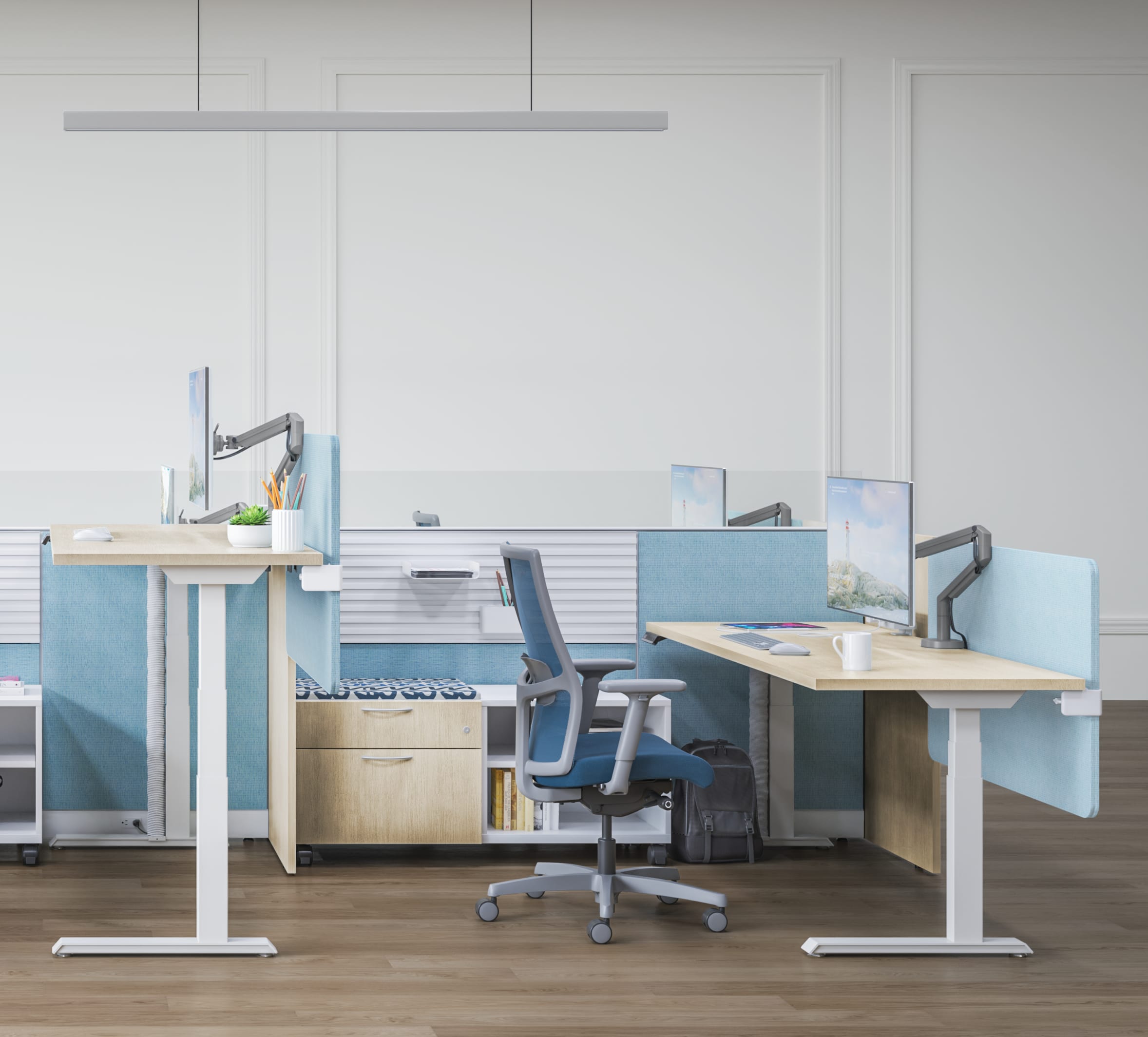 Abound cubicles with gallery panels and Contain credenzas.